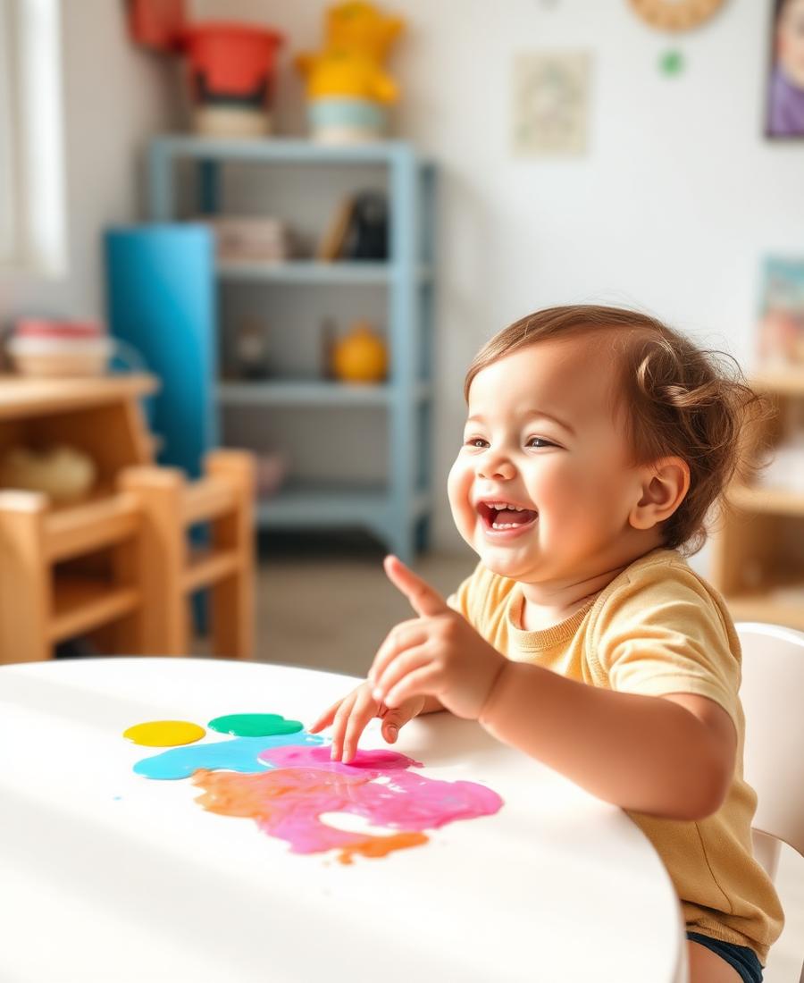 Toddler finger painting at the craft table